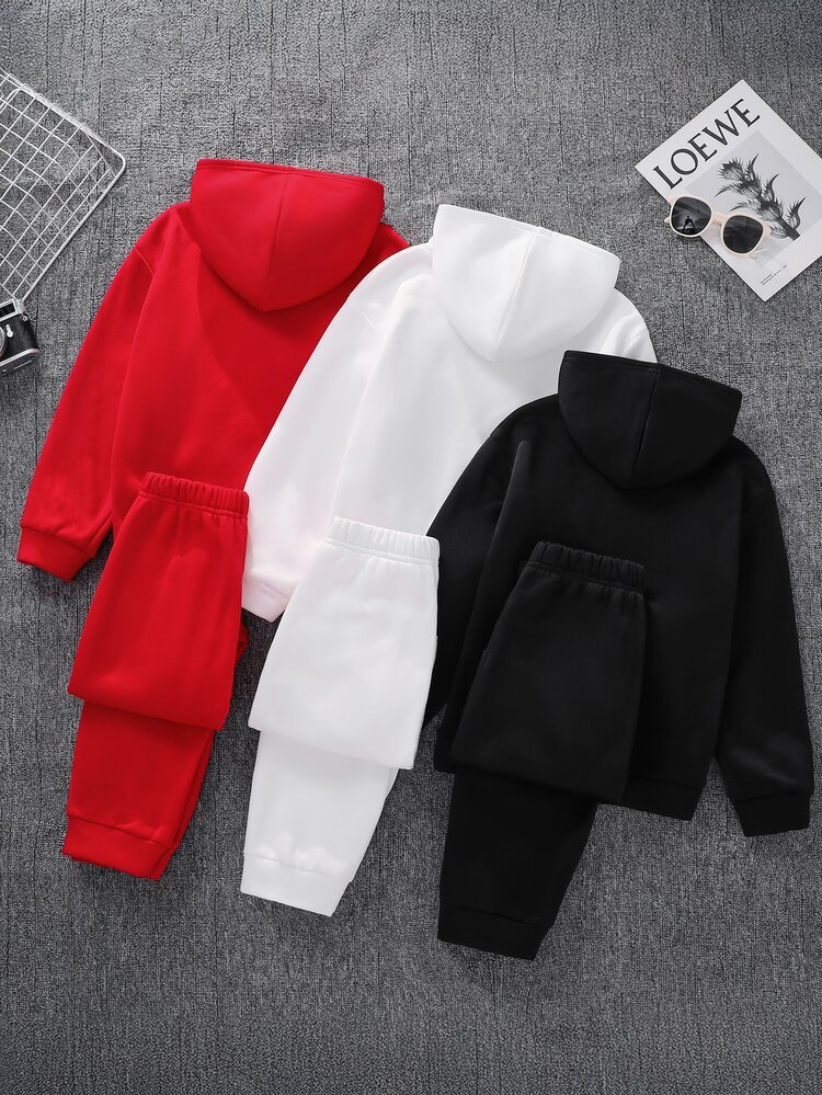 SHEIN 6pcs Kids Tween Boy Casual Daily Versatile Comfortable Printed Pattern White Black And Red Multi-Color Hooded Pullover Loose Sweatshirt And Jogger Pants Knit Two Pieces Set Fleece Lined Thick Sweatshirt Set Suitable For Daily Wear School Travel Sports Autumn/Winter - Multicolor - View 6