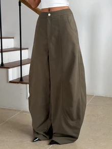 DAZY Celana Panjang Polos Model Lebar dengan Kantong Miring untuk Musim Gugur - Hijau Tentara - View 4