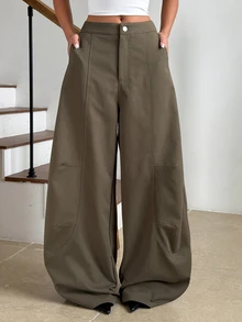 DAZY Celana Panjang Polos Model Lebar dengan Kantong Miring untuk Musim Gugur - Hijau Tentara - View 7