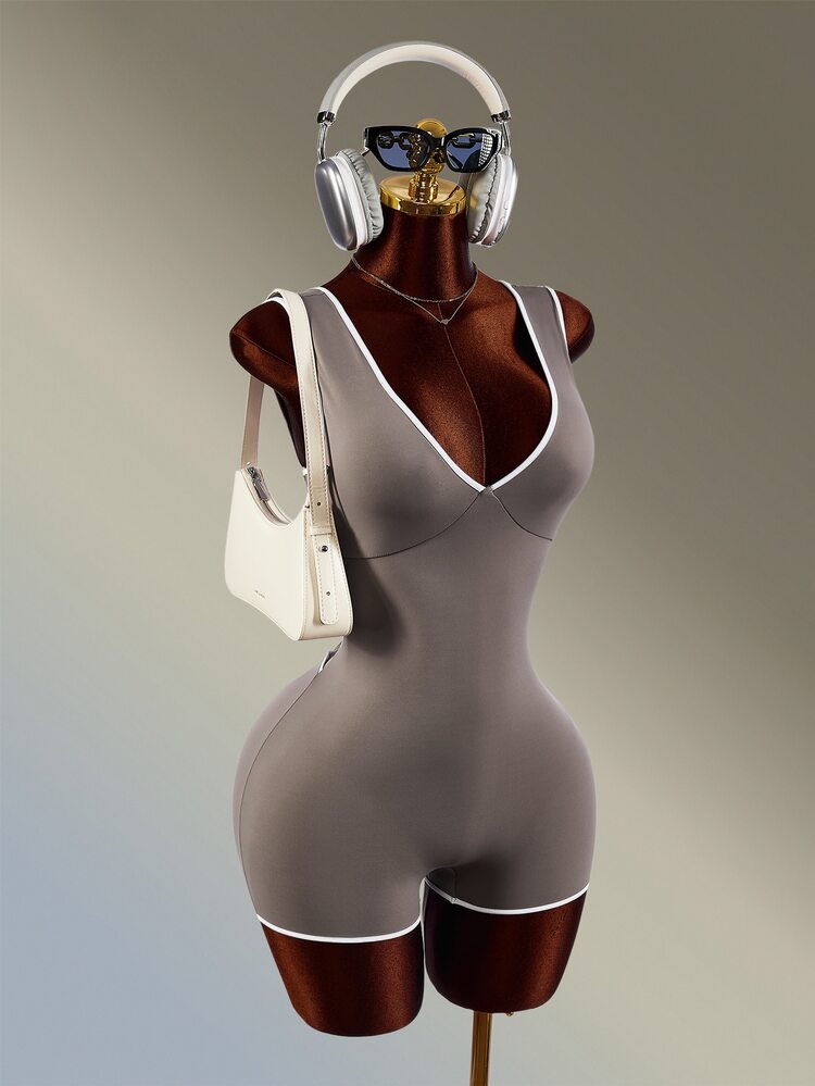 Amplova 女款時尚百搭條紋拼色運動連身褲 棕色露背性感健身房運動健身外出連身褲 - 棕色 - 查看 10