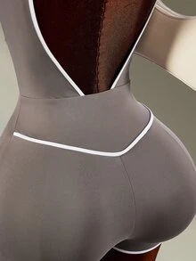 Amplova Women's Fashion Versatile Striped Colorblock Athletic Romper Brown Backless Sexy Workout Gym Fashion Fitness Going Out Jumpsuit Romper - Brown - View 9