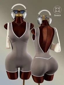 Amplova Women's Fashion Versatile Striped Colorblock Athletic Romper Brown Backless Sexy Workout Gym Fashion Fitness Going Out Jumpsuit Romper - Brown - View 2