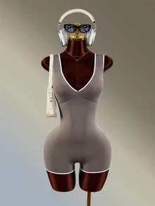 Amplova Women's Fashion Versatile Striped Colorblock Athletic Romper Brown Backless Sexy Workout Gym Fashion Fitness Going Out Jumpsuit Romper - Brown - View 5