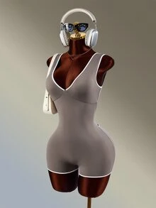 Amplova Women's Fashion Versatile Striped Colorblock Athletic Romper Brown Backless Sexy Workout Gym Fashion Fitness Going Out Jumpsuit Romper - Brown - View 4