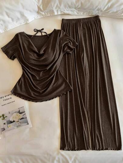 Resyla Women's Solid Color Cowl Neck Short Sleeve T-Shirt And Wide Leg Pants Casual 2-Piece Set