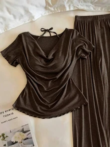Resyla Women's Solid Color Cowl Neck Short Sleeve T-Shirt And Wide Leg Pants Casual 2-Piece Set - Multicolor - View 3