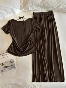 Resyla Women's Solid Color Cowl Neck Short Sleeve T-Shirt And Wide Leg Pants Casual 2-Piece Set - Multicolor - View 2