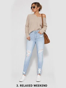 SHEIN ICON 休闲洗水破洞修身紧身牛仔裤 - 藍色 - 查看 6