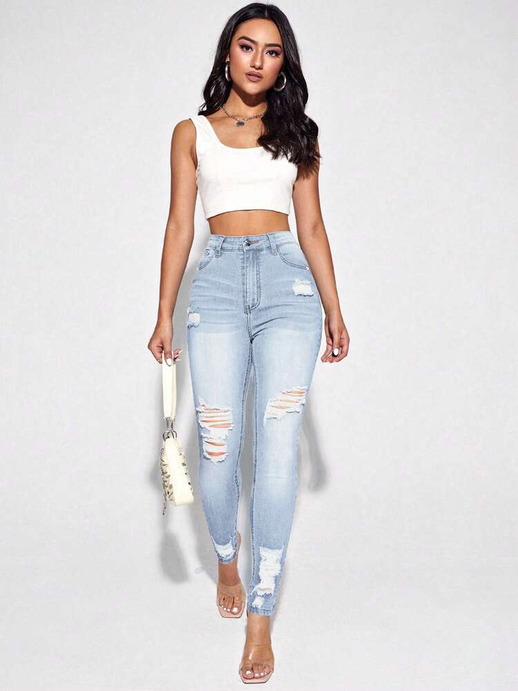 SHEIN ICON Casual Washed Ripped Slim Fit Skinny Jeans - Blue - View 3