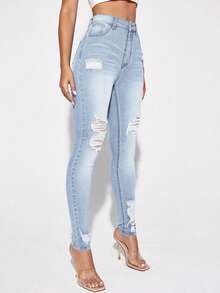 SHEIN ICON 休闲洗水破洞修身紧身牛仔裤 - 藍色 - 查看 8