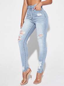 SHEIN ICON 休闲洗水破洞修身紧身牛仔裤 - 藍色 - 查看 7