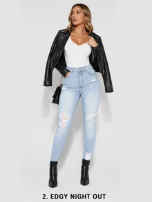 SHEIN ICON 休闲洗水破洞修身紧身牛仔裤 - 藍色 - 查看 5