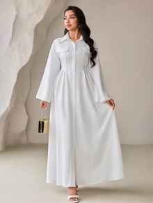 Veilorie Women's Elegant Modest Solid Color Allover White Arabian Dress Office Formal Winter - White - View 4