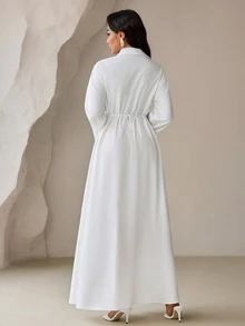 Veilorie Women's Elegant Modest Solid Color Allover White Arabian Dress Office Formal Winter - White - View 3