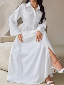 Veilorie Women's Elegant Modest Solid Color Allover White Arabian Dress Office Formal Winter - White - View 6