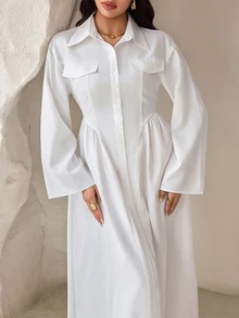 Veilorie Women's Elegant Modest Solid Color Allover White Arabian Dress Office Formal Winter - White - View 2