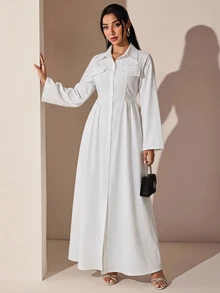 Veilorie Women's Elegant Modest Solid Color Allover White Arabian Dress Office Formal Winter - White - View 1