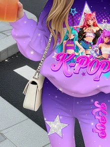 Tween女孩休閒可愛卡通女團印花 K-Pop 超級巨星 紮染圓領落肩衛衣與修身喇叭褲 2件套，適合秋冬 - 彩色 - 查看 6