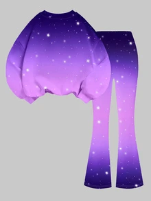 Tween女孩休閒可愛卡通女團印花 K-Pop 超級巨星 紮染圓領落肩衛衣與修身喇叭褲 2件套，適合秋冬 - 彩色 - 查看 2