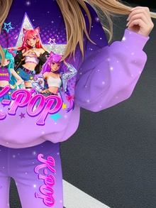 Tween女孩休閒可愛卡通女團印花 K-Pop 超級巨星 紮染圓領落肩衛衣與修身喇叭褲 2件套，適合秋冬 - 彩色 - 查看 5