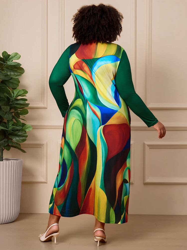 BrightlyHer Plus Size Women's Color Block Round Neck Long Sleeve Pocket A-Line Swing Midi Dress Casual Elegant Vacation Going Out Brunch Formal Autumn Kelly Green - Multicolor - View 3