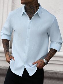 VENTUSAIL Kemeja Pria Lengan Panjang Bergaris Biru dengan Kancing Depan, Kain Bertekstur Gelembung, Potongan Slim Fit dan Desain Bahu Jatuh, Cocok untuk Kerja Sehari-hari, Liburan, dan Streetwear. - Biru - View 5