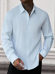 VENTUSAIL Kemeja Pria Lengan Panjang Bergaris Biru dengan Kancing Depan, Kain Bertekstur Gelembung, Potongan Slim Fit dan Desain Bahu Jatuh, Cocok untuk Kerja Sehari-hari, Liburan, dan Streetwear. - Biru - View 6