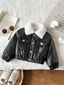 SHEIN Playful Pals 女嬰 0-3 歲 1 件裝 秋冬街頭復古風外出套裝，刷毛內裡夾克 - 黑色 - 查看 9