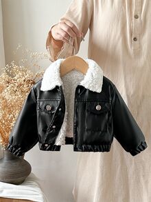 SHEIN Playful Pals 女嬰 0-3 歲 1 件裝 秋冬街頭復古風外出套裝，刷毛內裡夾克 - 黑色 - 查看 3