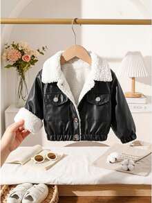 SHEIN Playful Pals 女嬰 0-3 歲 1 件裝 秋冬街頭復古風外出套裝，刷毛內裡夾克 - 黑色 - 查看 10