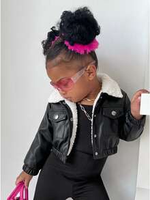 SHEIN Playful Pals 女嬰 0-3 歲 1 件裝 秋冬街頭復古風外出套裝，刷毛內裡夾克 - 黑色 - 查看 1
