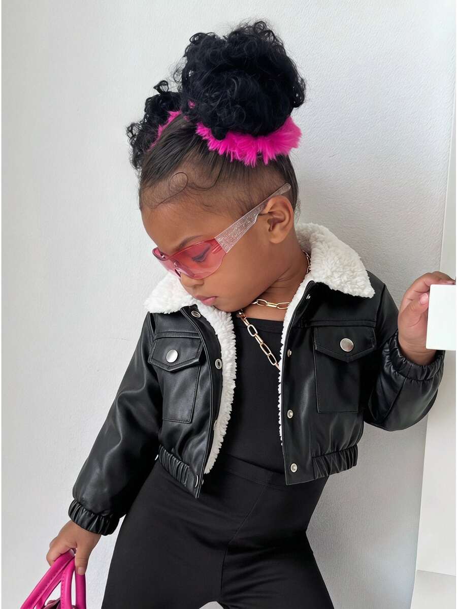 SHEIN Playful Pals 女嬰 0-3 歲 1 件裝 秋冬街頭復古風外出套裝,刷毛內裡夾克 - 黑色 - 查看 1