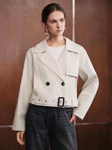 Anewsta Women's Solid Color Casual Versatile Daily Travel Trench Coat Jacket - Beige - View 3