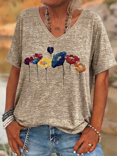 EMERY ROSE T-shirt décontracté à col V avec motif fleur jaune pour filles grandes tailles, SE TROMPER EN ME PRENANT POUR UNE VIEILLE DAME A ÉTÉ VOTRE PREMIÈRE ERREUR, Hauts graphiques pour femmes