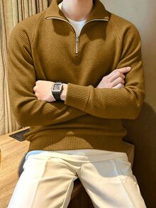 Claim Dot Men's Solid Color Raglan Sleeve Zip-Up Half-Placket Sweater - Yellow - View 1