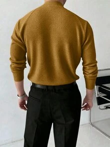 Claim Dot Men's Solid Color Raglan Sleeve Zip-Up Half-Placket Sweater - Yellow - View 2