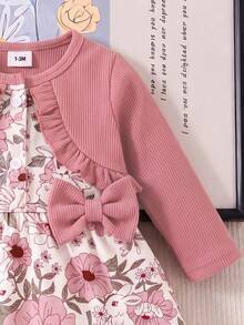 SHEIN 2件裝新生女嬰A字洋裝，可愛灰粉色花朵兔圖案，荷葉邊蝴蝶結長袖圓領常規款，秋季派對首生日公主風時尚洋裝 - 彩色 - 查看 3