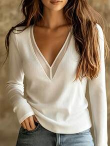 SHEIN Minimalist Elegant V-Neck Mesh Patchwork Textured Slim Fit Women's T-Shirt For Commute, Daily Wear, Office And Outings - White - View 2