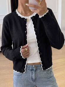 Girlism Teen Girls Cardigans Fall Casual Minimalist Comfortable Round Neck Open Front Contrast Color Sweater, Fall/Winter Girls SweaterCommute Versatile - Black - View 3