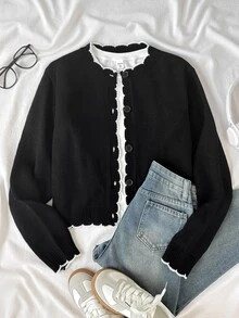 Girlism Teen Girls Cardigans Fall Casual Minimalist Comfortable Round Neck Open Front Contrast Color Sweater, Fall/Winter Girls SweaterCommute Versatile - Black - View 4