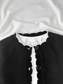 Girlism Teen Girls Cardigans Fall Casual Minimalist Comfortable Round Neck Open Front Contrast Color Sweater, Fall/Winter Girls SweaterCommute Versatile - Black - View 5