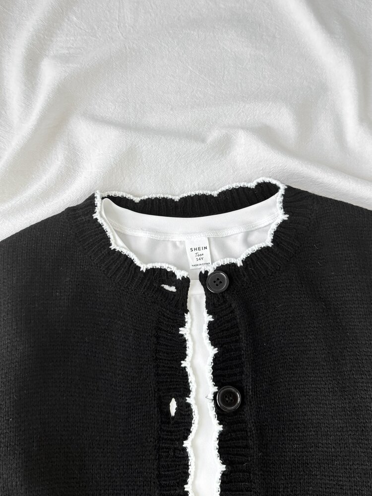 Girlism Teen Girls Cardigans Autumn Casual Minimalist Comfortable Round Neck Open Front Contrast Color Sweater, Autumn/Winter Girls Sweater, Suitable For Daily Casual Commute Versatile, Preppy Style Outfit, Back To School Outfit - Black - View 5