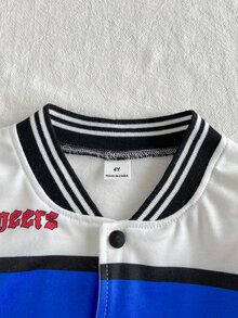 SHEIN Playful Pals 2件組 幼童男童棒球夾克＋長褲 學院風 藍白黑配色 賽車字母印花 長袖棒球領 戶外運動 秋季慢跑 舒適運動裝 - 藍白色 - 查看 9