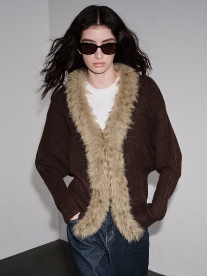 Anewsta American Autumn/Winter High-End Fashion Design Elegant Sophisticated Evening Vintage Old Money Slouchy Fur Collar Cardigan
