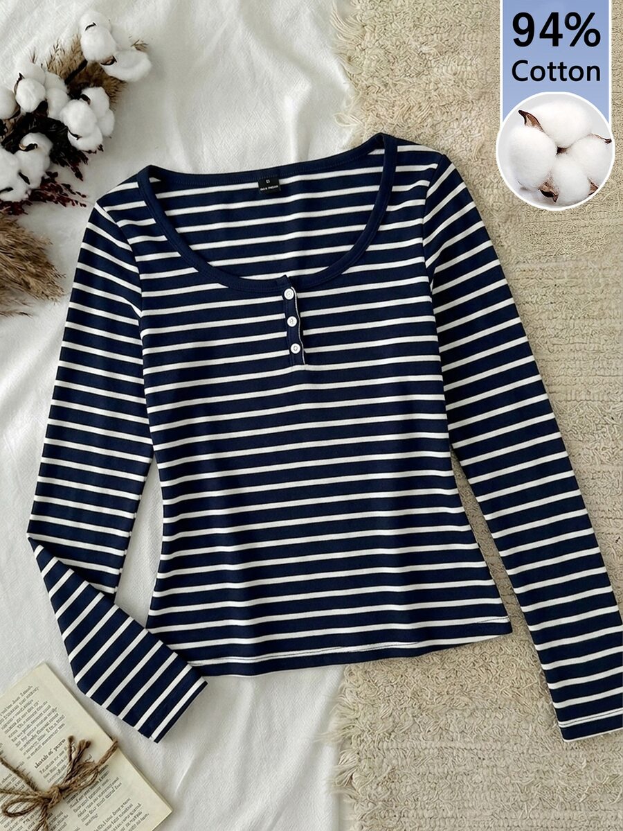 Tseoso Women's New Cotton-Feel Navy Blue Striped 94% Cotton Half-Button T-Shirt, Versatile For All Seasons, Suitable For Early Autumn, Home Wear, Base Layer - Blue and White - View 1