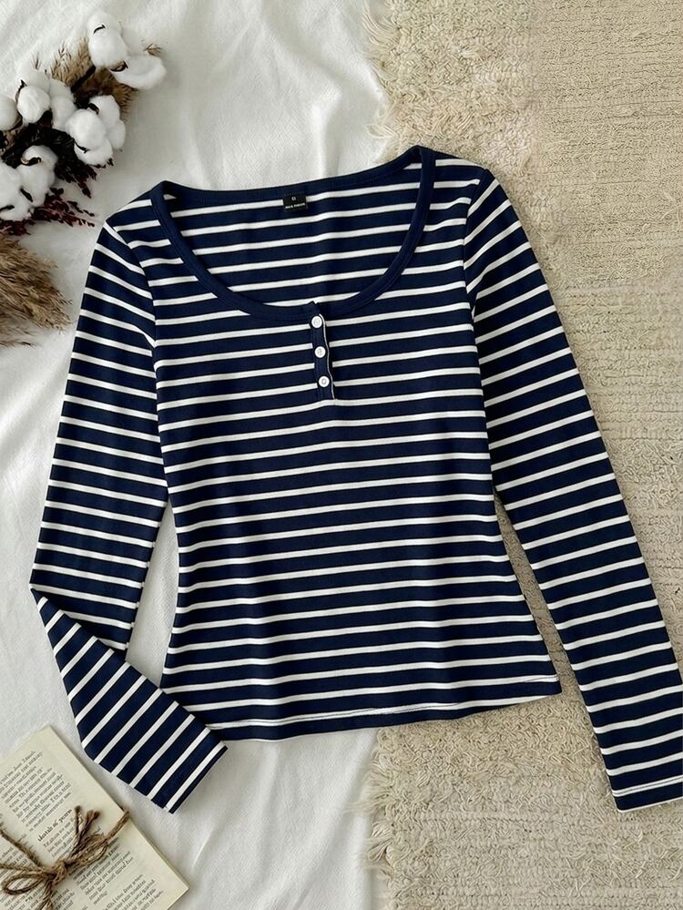 Tseoso Women's New Cotton-Feel Navy Blue Striped 94% Cotton Half-Button T-Shirt, Versatile For All Seasons, Suitable For Early Autumn, Home Wear, Base Layer - Blue and White - View 11