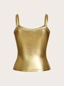 SHEIN ICON Solid PU Leather Cami Going Out Tops - Gold - View 2