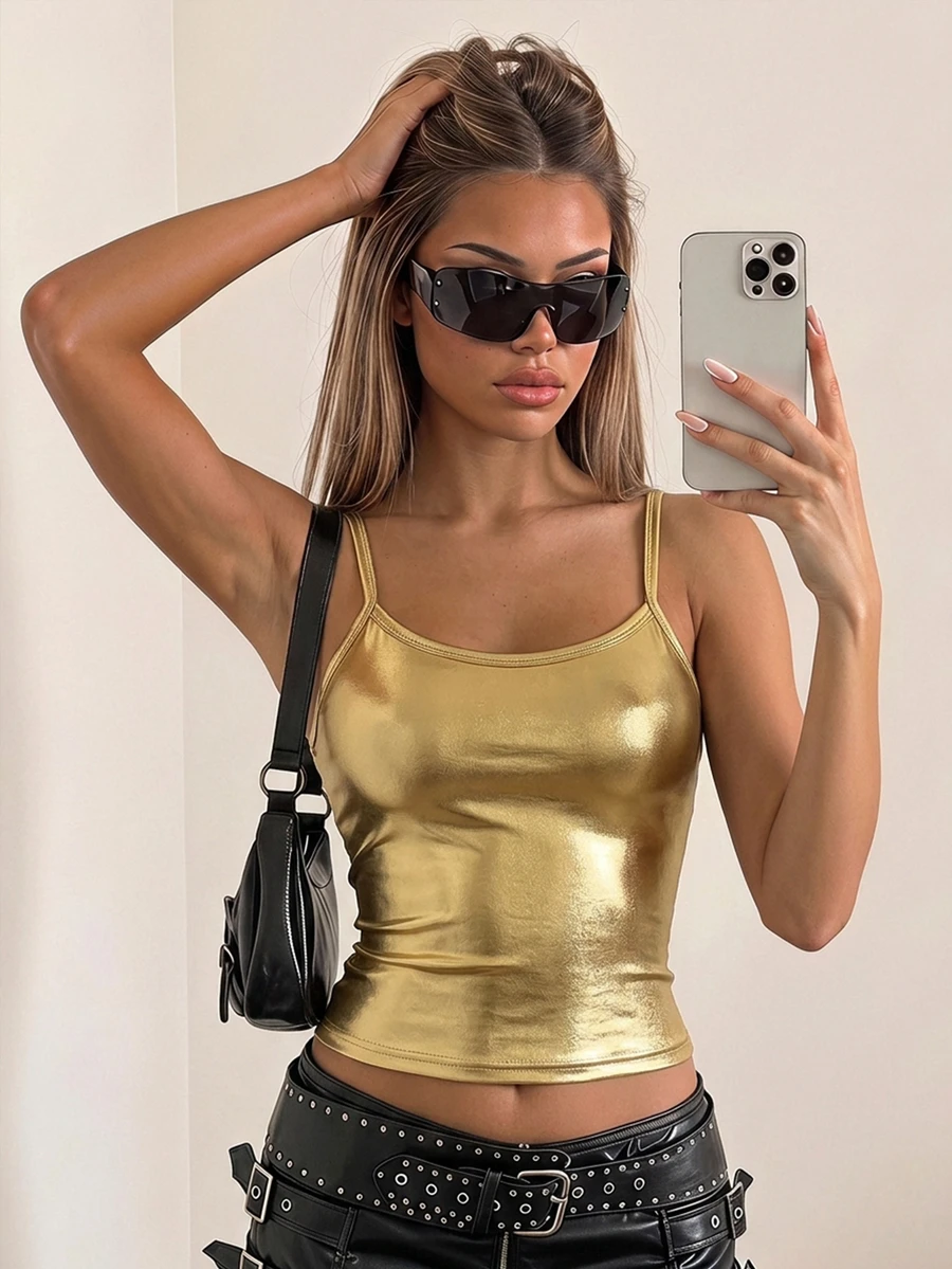 SHEIN ICON Solid PU Leather Cami Going Out Tops - Gold - View 1