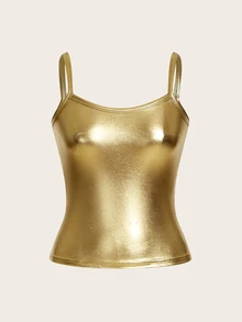 SHEIN ICON Solid PU Leather Cami Going Out Tops - Gold - View 3