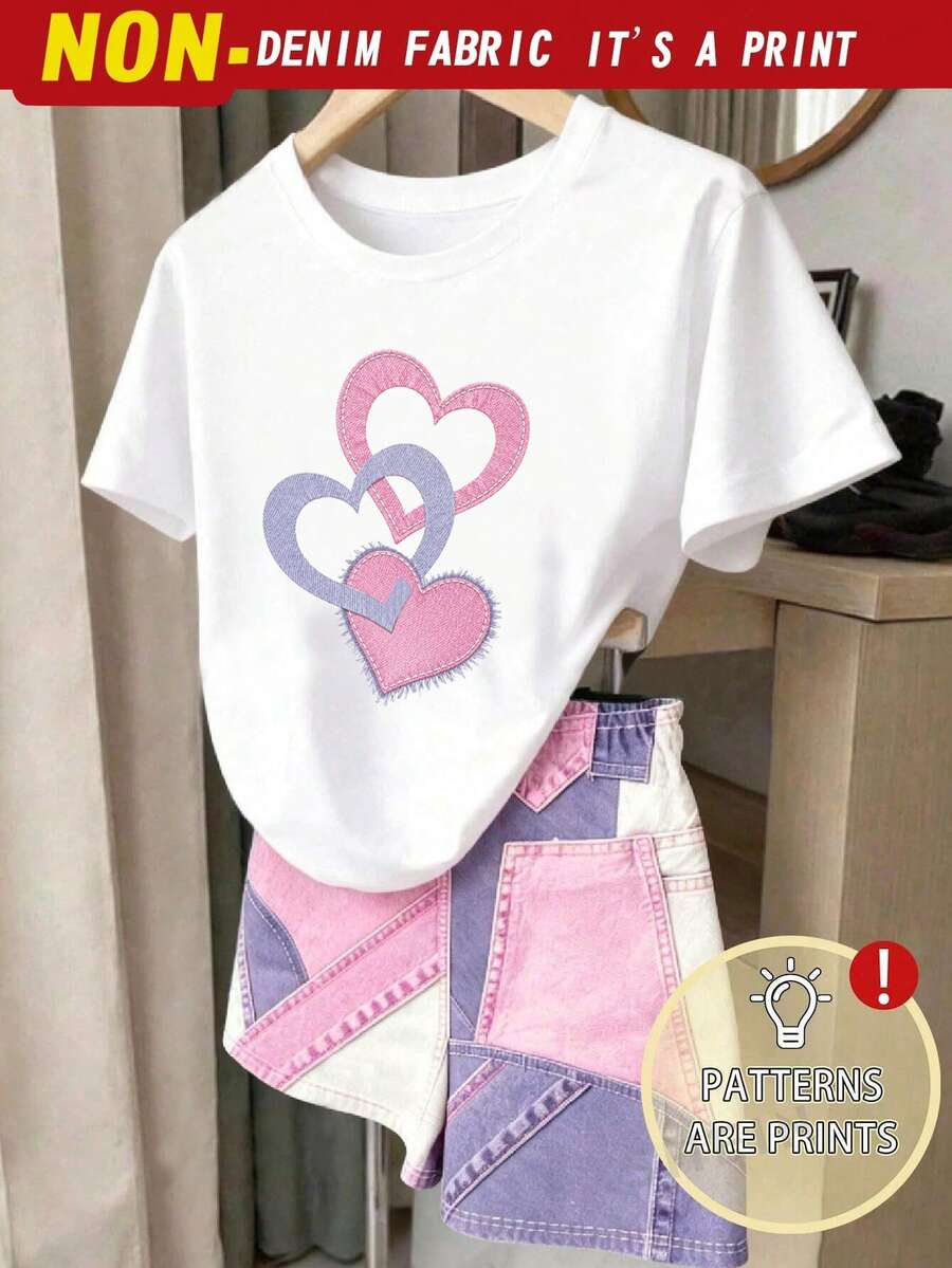 Tween Girls Digital Diamond Pattern Short Sleeve & Shorts Set, Casual Comfortable Autumn/Winter Outfit,Back To Schoo,Holidays,Colorful - White - View 1